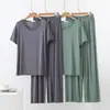 Conjunto de Dos Piezas de Pantalones Anchos de Manga Corta Sueltos de Modal para Verano Ropa de Casa Talla Grande Casual Cuello Redondo Delgado