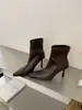 []2026 bico quadrado salto fino outono e inverno novas botas justas elásticas com zíper traseiro botas de tornozelo retrô com bico quadrado
