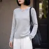Suéter de tricô Tencel linho peça única gola redonda para mulheres, primavera e outono, sem costura, solto, estilo francês, adequado para ir ao trabalho e férias