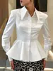 Cardigan de Manga Longa com Gola Reversível Estilo Europeu e Americano Novo Outono/Inverno 2026 para o Trabalho Retrô Cintura Marcada Emagrecedor Camisa com Barra de Babados