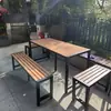 Conjunto de mesa e cadeiras de plástico-madeira para exterior para varanda, pátio, mesa e banco longos de lazer, parque, jardim, terraço, mesa e cadeira anticorrosivas de plástico-madeira