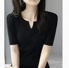 Suéter francés de cuello en V de alta calidad de color sólido de manga corta para mujer Verano 2024 Nuevo Ajustado Super favorecedor Camiseta básica Delgada