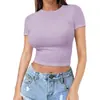 Cropped estilo europeu e americano transfronteiriço camiseta hot girl verão blusa de puxar feminina fina gola redonda moda seda de leite manga curta