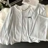 Pijama Estilo Coreano para Mulheres, Cardigan de Renda Casual com Gola Redonda, Mangas Longas e Calça, Conjunto Estilo Girly, Conjunto de Algodão para Casa