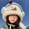 Bonito Muñeco de Nieve de Dibujos Animados Peluche Suéter Gorro para Mujer Invierno Cálido Correa Protección Orejas Gorro Ciclismo Protección Frío Gorro Baotou