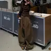 Jeans de Trabalho Retrô Americano Petite Cor de Café para Mulheres, Outono Cintura Alta Soltos de Perna Larga Comprimento Total Tendência Calças