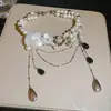 Colar de Pérola em Gota d'Água Flor com Diamantes Incrustados e Contas de Cristal Design Doce e Cool Corrente para Clavícula Temperamento Luxo Leve Toque de Alta Qualidade Colares