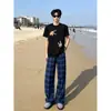 Pantalones de retazos de letras retro americanos transfronterizos, bloques de color, cuadros, versátiles, casuales, holgados, pierna ancha, fluidos, para parejas, de longitud al suelo