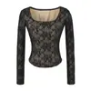 Camiseta blanca de manga larga con encaje y cuello en U para mujer, adecuada para verano y otoño, corte ajustado, elegante, top básico puro y sexy