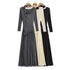 AP24038-24 primavera nuevo estilo francés puro moda textura bufanda cuello oscilante manga larga corte ajustado vestido mono