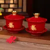 Tazas de Té para Brindis de Boda, Tazas y Cuencos de Pareja Dragón y Fénix, Juego de Cuenco y Palillos de Boda, Juego de Té Rojo para Novios