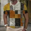 Camisa Polo Europeia e Americana Masculina Transfronteiriça Tendência com Estampa Digital 3D, Bloqueio de Cor Xadrez, Manga Curta, Colarinho Cuban