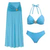 Impresionante traje de baño atmosférico para mujer, conjunto de bikini de tres piezas con falda de tul, estampado de estrellas de mar, cuello halter, sin tirantes, ropa de playa sexy