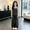 Conjunto de primavera y otoño para niña: Conjunto de tres piezas moderno y casual, de manga larga, corte holgado, pantalón de pierna ancha, que incluye un top y un pantalón de pierna ancha