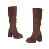 Botas de couro de cano alto com bico redondo, tamanho grande, para outono e inverno, com saltos ultraltos, plataforma impermeável, zíper lateral, botas Martin versáteis transfronteiriças com salto grosso e leves