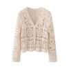 Fábrica de Jerseys Dongguan Dalang Cárdigan de Punto Hueco Tejido con Ganchillo de Manga Larga Chaqueta de Verano para Mujer Color Albaricoque con Cuello en V