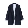 Chaqueta de traje casual de alta gama para mujer, europea y americana, de manga enrollable, con bloques de color, de lino mezclado, ajustada, adelgazante, todo a juego