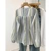 Foto Real de Camisa Rayada Degradada Coreana para Mujer, Camisa Babydoll Holgada Casual de Manga Farol, Top de Camisa de Nicho