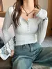 H262 Camiseta Básica Manga Longa com Gola U Rosqueada para Mulheres, Nova Versátil para Outono e Inverno, Slim Fit, Valoriza o Corpo, Ombro Normal