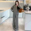 Conjunto de dos piezas para maternidad, suave y elegante, estilo coreano: cuello azul marino, suéter de punto suave y pantalones de maternidad ajustables, perfectos para uso casual