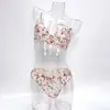 Conjunto de Lencería Sexy Transparente de Malla con Borde de Pestañas, Estilo Delgado, Sujetador de Encaje Floral Rosa de Puro Deseo Francés para Mujer