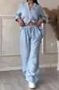 Gd2024 Conjunto de Dos Piezas de Camisa de Color Puro de Algodón y Lino Casual con Cordón y Pantalones de Pierna Ancha Transfronterizo Europeo y Americano Amazon Moda