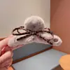 Pinza para el Cabello con Lazo de Piel Sintética de Conejo, Forma de Cruz, Otoño e Invierno, Pinza de Tiburón Grande y Esponjosa para Recogidos en la Parte Trasera de la Cabeza