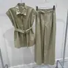 Traje Feminino da Moda com Elegância Estilo Francês, Camisa de Cor Sólida com Amarração na Cintura, Conjunto de Duas Peças com Calças Casuais de Cintura Alta e Pernas Largas para o Verão