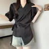 Estilo Levemente Maduro Tecido de Seda Tamanho Plus Feminino Verão Senso de Design Camisa com Decote V Amarrar Cintura Ajustada Estilo Francês Blusa de Nicho