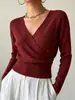 2026 Loja Independente de Desejos Transfronteiriços Novo Top de Tricô Feminino Estilo Europeu e Americano Confortável e Elegante Cor Sólida Manga Longa Decote V