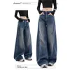 Jeans Scimitar Rasgado Estilo Retrô Americano para Mulheres, Design Primavera e Verão, Calças de Pierna Larga Soltas e Emagrecedoras Comprimento Total Falso