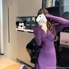 Vestido Roxo Elegante Francês com Renda 2026 para Mulheres, Vestido Longo Bodycon de Lã para o Inverno