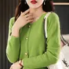 Abrigo de Punto para Mujer de Otoño Temprano 2026, Cuello en V, Color Sólido Simple, Lana Pura, Abotonado, Corte Holgado, Adelgazante, Cárdigan de Punto para el Trabajo