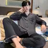 Novo Conjunto de Pijama Masculino Casual Simples de Manga Longa e Calça Longa para Adolescentes, Algodão Puro, Solto, Gola Lapela, Conjunto de Roupa para Casa