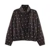 Comercio exterior transfronterizo al por mayor para mujer otoño moda europea y americana casual holgada chaqueta negra con puntos de lunares con cremallera de manga larga