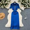 Vestido de punto de seda helada de manga corta de dos tonos con cuello de polo de alta gama para mujer, 2026 verano francés OL ajustado al cuerpo largo