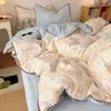 Conjunto de Roupa de Cama Quatro Peças de Algodão Puro, Fresco e Simples Estilo Ins, Conjunto Fofo de Renda Concha Classe A para Dormir Nu, Conjunto de Três Peças para Dormitório Estudantil