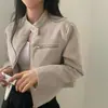 En stock chaqueta biker corta de gamuza elegante estilo coreano para principios de otoño, de cuello alto, cintura alta, para mujer