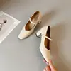 Sapatos Mary Jane Retro com Salto Grosso de Uma Alça Plissados Estilo Novo Primavera 2026 para Mulheres, Saltos Altos Baixos Quadrados para o Trabalho