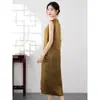 Vestido Sencillo de Cuello en V con Textura Plisada de Ácido Acético Vintage con Abertura Lateral Elegante Suelto de Satén Sin Mangas Falda para Verano