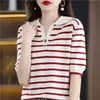 26 Verano Nuevo Algodón Puro Tejido Solapa Un Botón Manga Corta Rayas Finas Camiseta Base Estilo Coreano Simple Ropa para Mujer