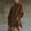 2025 Nuevo Sitio Independiente Transfronterizo Europeo y Americano Vestido de Manga Larga Suelto Retro de Gamuza con Cuello Alto y Bolsillo con Borla