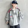 Jaqueta de moto infantil para crianças maiores, primavera e outono, com estampa digital, mangas color block, gola alta, zíper, peça externa estilosa, marca da moda