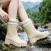Botas de Lluvia de Media Pantorrilla para Mujer a la Moda, Zapatos de Agua Resistentes al Desgaste, Antideslizantes, Impermeables, Botas de Lluvia con Forro de Terciopelo Cálido, Zapatos de Goma para Cocina, Calzado de Exterior, Estilo Nuevo
