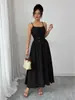 Vestido feminino transfronteiriço, estilo doce com cordão e sem alças, elástico, barra ampla, texturizado, comprimento médio, vestido de férias