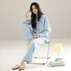 2026 Novo Pijama para Mulheres Primavera e Outono Algodão Puro Manga Longa Conjunto Azul Pode Ser Usado Fora Solto Casual Roupas de Casa 100% Algodão