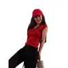 Camiseta roja estilo coreano con cuello polo de manga corta para mujer, suéter fino de verano ajustado de cintura alta con cuello en V corto para mujeres petite