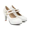 Nuevo color a juego con correa de encaje quemado boca poco profunda zapatos de una sola capa suela gruesa charol zapatos de mujer tacones altos gruesos 32-48 zapatos de comercio exterior