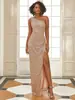 Nueva moda europea y americana para mujer Amazon vestido elegante, un hombro con abertura sexy lentejuelas largo vestido de noche