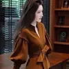 Cinto Elegante Chique Estiloso Tendência Cintura Marcada Top Camisa Feminino Outono Inverno Veludo Cor Café